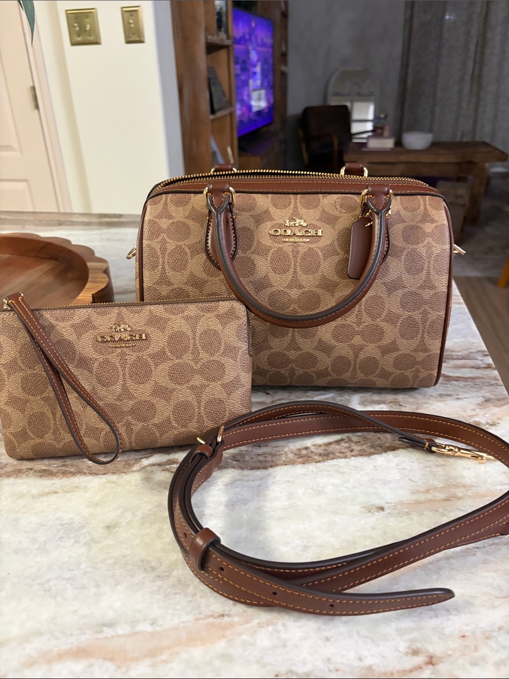 Coach Rowan Brown Signature Canvas Mini Satchel with Wristlet and Strap